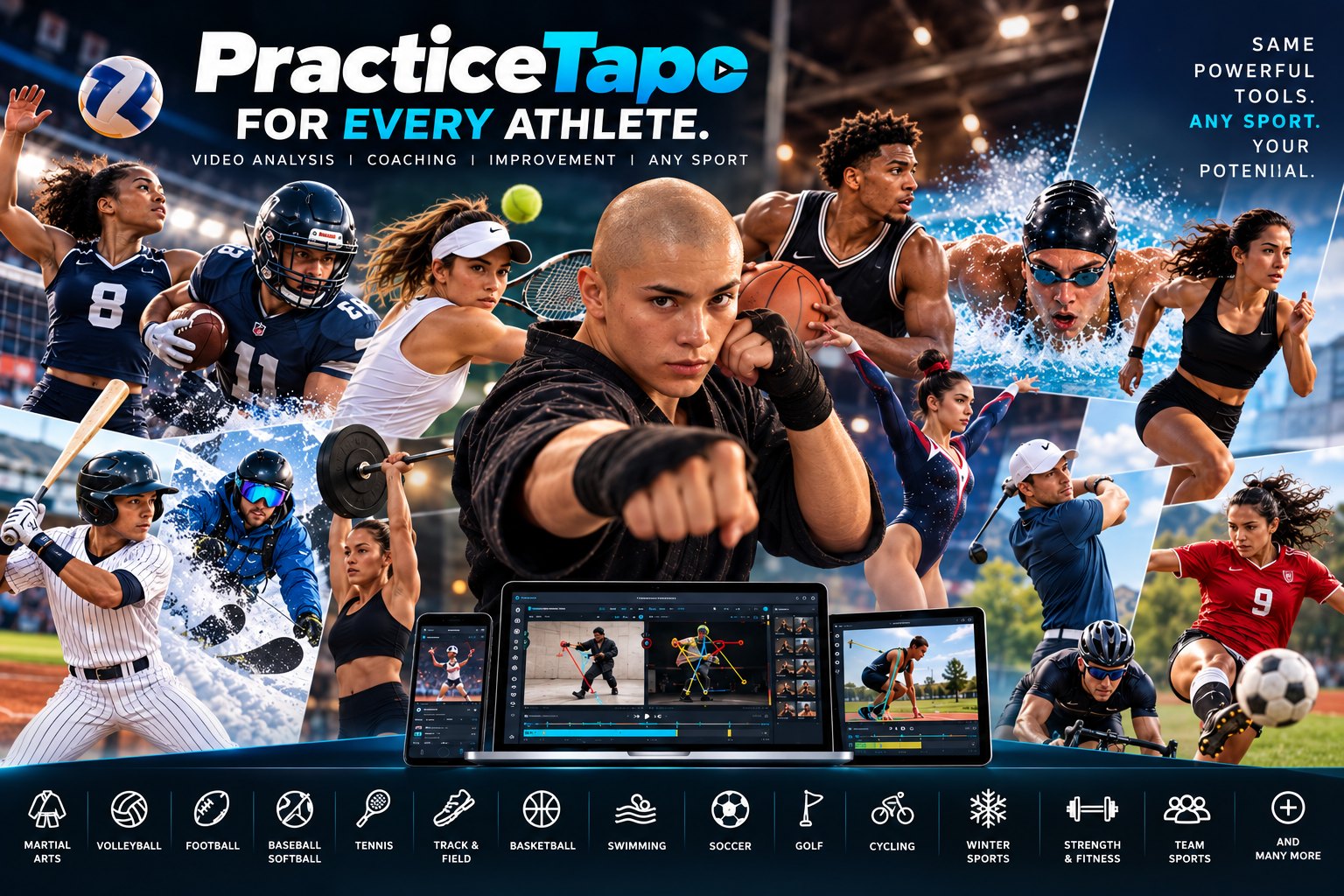 Practice Tape works for every athlete and any sport: martial arts, volleyball, football, baseball and softball, tennis, track and field, basketball, swimming, soccer, golf, cycling, winter sports, strength and fitness, and team sports.